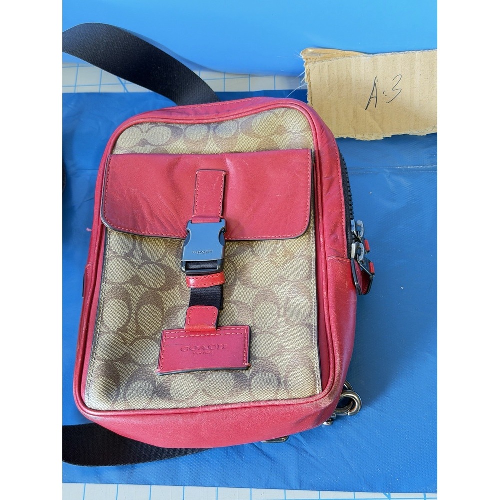 Coach Signature Red Leather Trim Crossbody Messenger Bag‎